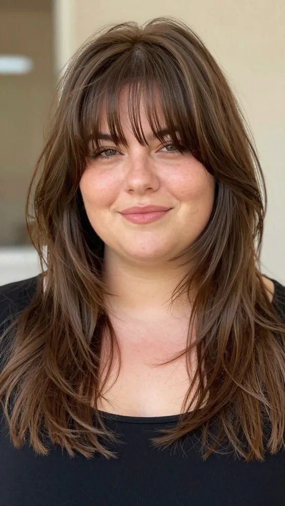 Create a high-resolution, photo-realistic portrait of a plus-size woman with a chubby face featuring a layered shag hairstyle with long, side-swept bangs. The hair should have natural movement and texture, with subtle layers throughout the lengths and a soft, tousled vibe. The subject&rsquo;s expression is confident and serene, with a gentle smile. Use light sea salt spray to enhance texture, giving a casual, beachy finish that lasts all day. Lighting is natural and flattering, with a softly blurred background in a warm, neutral setting to keep the focus on the hair and face. The overall look should be modern, stylish, and suitable for everyday wear. No text on the image.