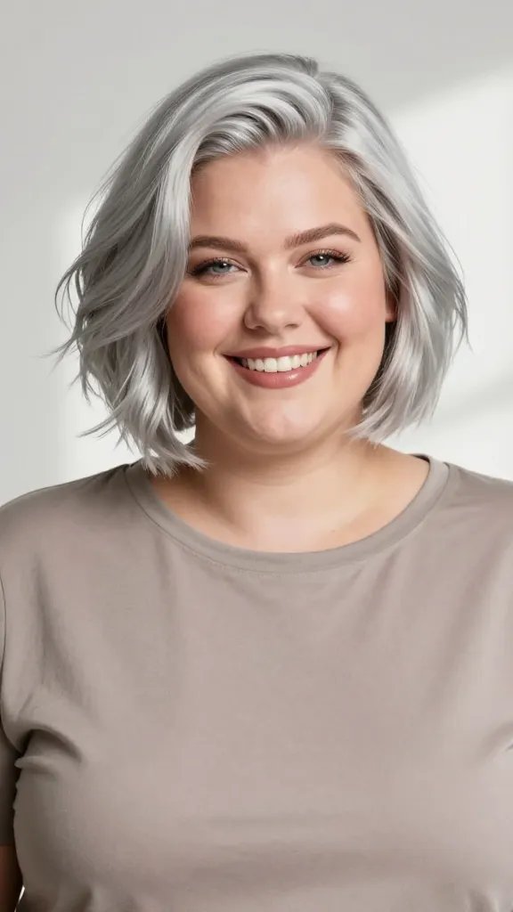 A high-resolution, natural-looking photograph of a confident plus-size woman with chubby cheeks and a warm, radiant smile, styled in a chic short silver-toned bob with soft, loose waves that frame her face. She stands in a bright, softly lit studio environment with neutral tones and gentle backlighting that enhances the metallic silver shade in her hair. The hairstyle should be sleek at the roots with subtle, airy waves cascading around her face, catching light to create a luminous, silver-toned glow. She wears a tasteful, minimalist outfit in muted tones (e.g., charcoal or soft taupe) that complements the cool metallic hair without overpowering it. Her makeup is natural with a light, dewy complexion, soft pink lips, and a touch of highlighter to give brightness to her features. The overall mood is polished, approachable, and photo-ready for portraits or videos, emphasizing how this silver tonal classic with soft waves brightens and lifts facial features. No text or logos in the image.