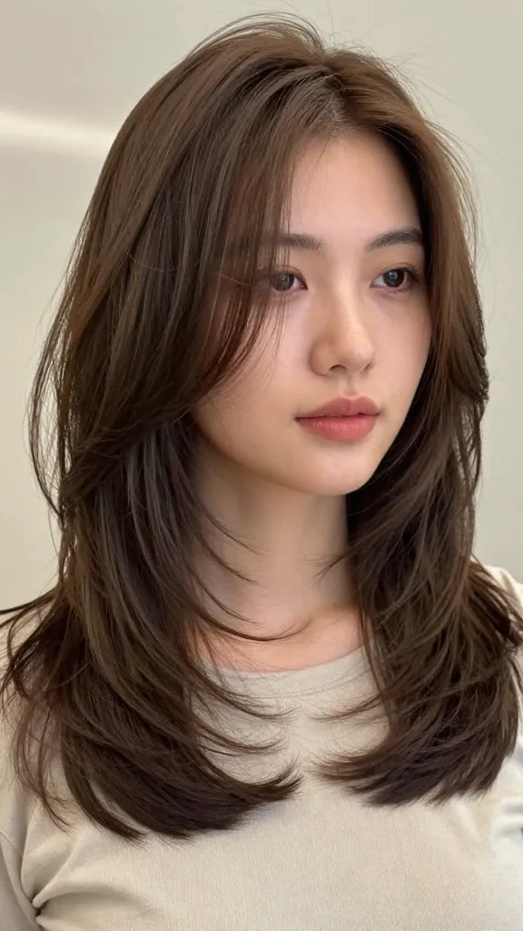 A high-resolution, photorealistic portrait of a stylish woman with a softly rounded face, showcasing wispy, layered hair that starts around the chin to jawline to elongate the silhouette. The hairstyle should feature lightweight, face-framing layers with subtle volume at the crown and gentle, vertical movement to create an elongating effect without bulk. The lighting is natural and flattering, highlighting the layers and contours of the face, with a neutral, softly blurred background to keep the focus on the subject. The subject has a confident, relaxed expression and is dressed in a simple, chic outfit that complements the hair, ensuring the overall look emphasizes soft, movement-filled layers suitable for rounder faces. No text on the image.