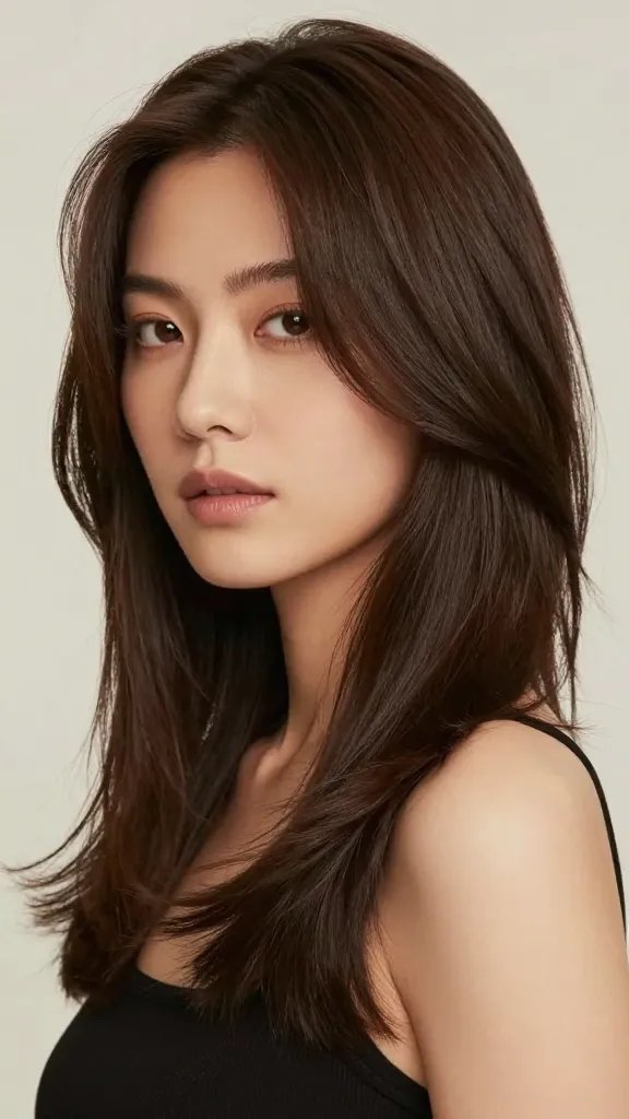 A realistic high-resolution portrait of a stylish woman with a medium-length lob hairstyle that reaches just to the collarbone, featuring a soft, natural wave with a slight bend at the ends to soften angles. The hair should create a diagonal line that visually elongates the face, suitable for a round or square face shape. The subject has balanced, approachable features, warm skin tone, and subtle makeup that enhances natural beauty without overpowering the hair. The lighting is soft and flattering, with a neutral background to keep the focus on the hairstyle and face shape. The overall mood is effortless, chic, and modern, showcasing a timeless long bob that drapes gracefully along the collarbone.