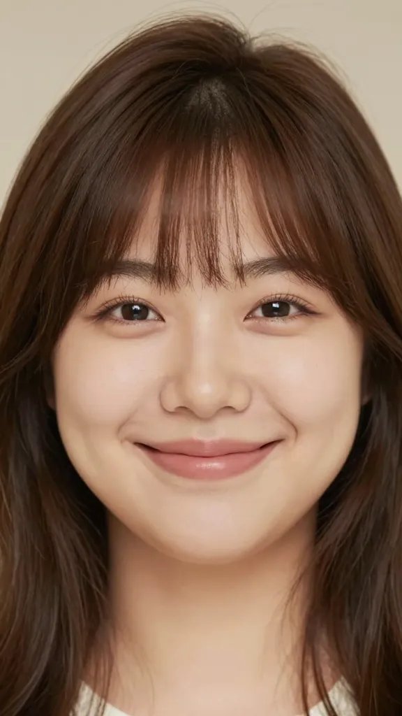 A realistic, high-quality close-up portrait of a smiling person with a chubby face, wearing soft face-framing bangs that are wispy and longer on the sides, blending seamlessly into a gentle, layered haircut. The bangs should softly frame the eyes and break up the width of the face, creating a flattering balance. The subject has clear, natural lighting, subtle makeup, and a calm, confident expression. Background is softly blurred, neutral-toned, with a warm, inviting ambiance to emphasize a flattering, symmetrical look. No text or logos in the image. The main subject from the article title should be clearly represented.