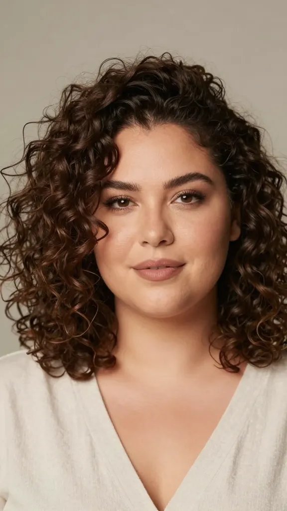 A realistic high-quality portrait of a confident woman with a warm, chubby face shape, styled with natural curly or wavy texture on the crown to add height. The hair on top should be fuller and slightly lifted, with defined curls that create dimension and draw the eye upward. The lighting is soft and flattering, highlighting the crown texture and smooth, frizz-controlled ends. She wears a light, casual outfit and subtle makeup that enhances natural features. The background is a softly blurred, neutral setting to keep the focus on her hair and face. No text or logos on the image.