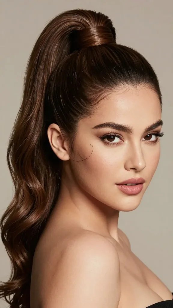 A realistic, high-resolution portrait of a stylish, confident woman with a chubby face showcasing a sophisticated high ponytail. The ponytail is positioned high on the crown, with a small section of hair wrapped around the base to conceal the elastic, creating a polished finish. A tucked strand curves softly around the face near the temples, subtly lifting the silhouette and softening facial edges. The hair is smooth and glossy, with voluminous yet controlled height at the crown and gentle waves down the pony. The subject wears natural makeup that enhances warmth in the skin, with a soft pink lip and defined but not harsh eyes. She is posed against a neutral, softly blurred studio backdrop, lighting that highlights the contours of her face and the sleek hairstyle, conveying confidence and elegance. No text or graphics in the image.