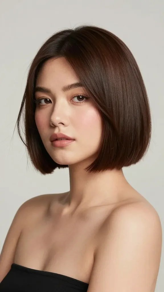 A high-quality, hyper-realistic portrait of a woman with a chubby/round face sporting an angled bob that slashes across the jawline. The hair should be a sleek, sharp angled bob with a dramatic diagonal line from a higher front near the temple to a shorter nape, giving the jawline a softened but defined look. The lighting is soft and flattering, emphasizing smooth skin, natural makeup, and a subtle blush to enhance warmth. The hairstyle should appear modern and polished, with precise, crisp edges and a healthy shine. The subject stands in a clean, minimal studio setting with a neutral background to keep focus on the haircut. The pose is confident yet relaxed, shoulders slightly angled, head tilted just enough to showcase the jawline and the angle of the bob. Ensure realistic textures: hair strands clearly visible, slight wind-swept lift at the front for dimension, and natural hair color (e.g., deep chocolate brown or warm dark chestnut) with subtle highlights. No visible text.