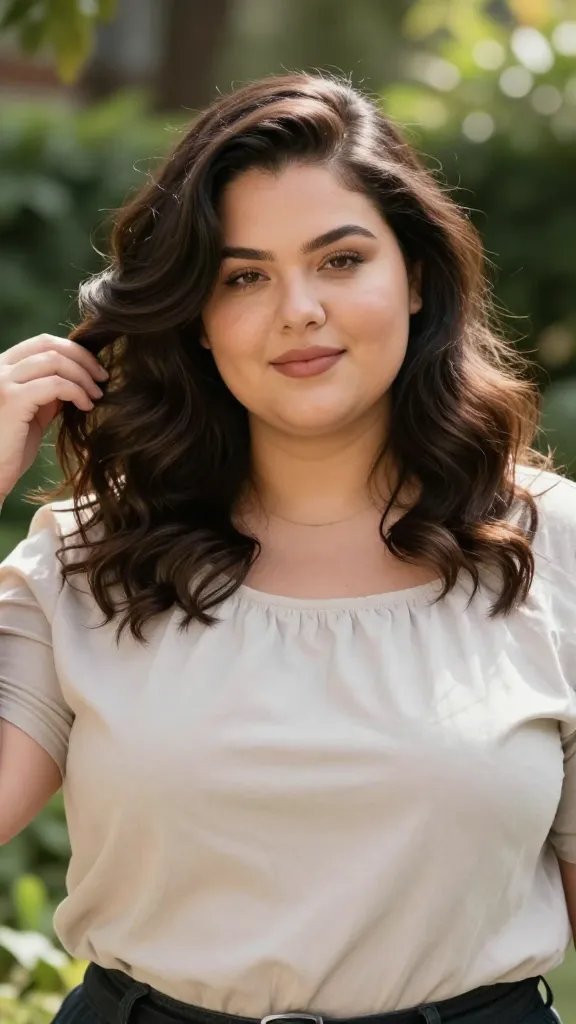 A realistic, high-quality photo of a confident woman with a chubby face posing outdoors in natural light, showcasing mid-length wavy hair with a deep side part. The hair has soft, loose waves that add volume on the sides while the side part creates noticeable asymmetry to flatter her cheeks. She stands in a sunlit garden with blurred greenery in the background, wearing a casual yet chic outfit (soft blouse in a neutral color) and minimal makeup that enhances natural features. A diffuser is visible in one hand as she gently styles her waves, with the deep side part clearly defined, a subtle smile, and relaxed shoulders to convey ease and poise. The overall scene emphasizes movement and texture of the waves, the dramatic but natural part, and a flattering, balanced silhouette for a realistic, editorial-quality portrait. No text on the image.