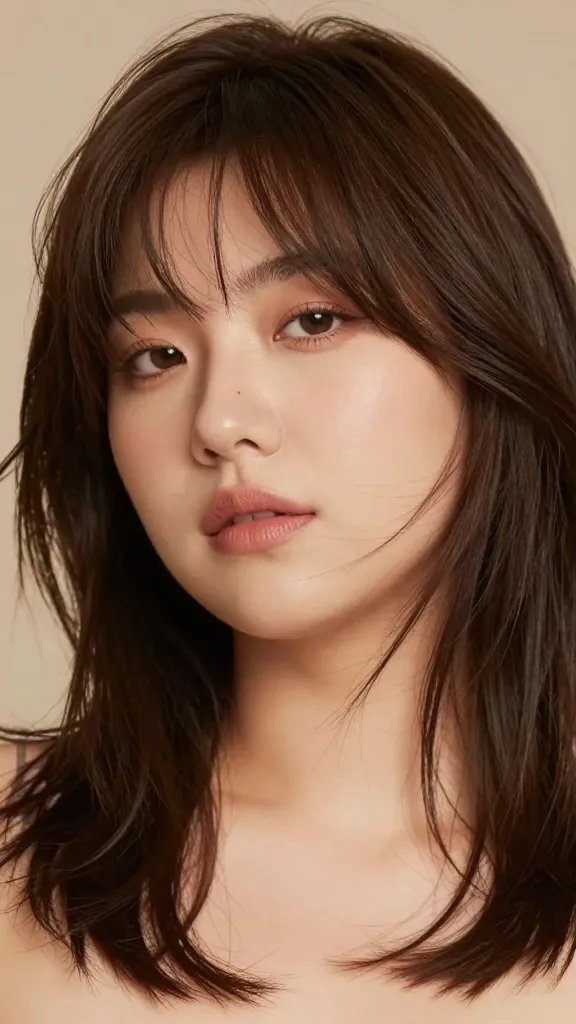 Create a high-resolution, photorealistic portrait of a confident woman with a chubby face styled in a layered shag haircut. The hair should have soft, face-framing layers that create movement and texture, with slightly longer pieces around the cheekbones to balance fullness. The look should be modern and natural, with a youthful vibe&mdash;soft, sun-kissed lighting, subtle makeup that enhances features without overpowering, and a neutral, warm-toned background. Have the subject gaze slightly to the side with a relaxed, approachable expression, ensuring the layers around the cheeks are clearly visible and flattering. No text in the image.