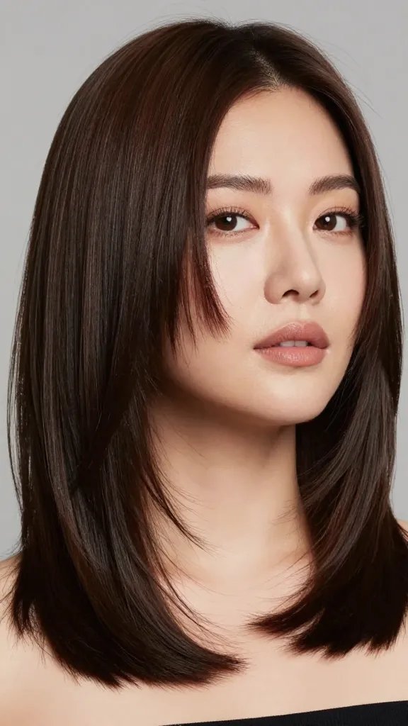 Generate a realistic, high-quality close-up portrait of a confident woman with a chubby face, showcasing a sleek medium-length haircut with a barely-there lift created by a subtle hidden layer. The hair should be smooth and straight with clean lines, falling just past the shoulders, and the hidden layer giving a gentle movement without obvious volume. The subject should be styled with a heat-protectant-ready, glossy finish, a barely-there lift visible at the underside of the hair, and an elongated, chic look that subtly draws attention upward away from the cheeks. Lighting should be soft and flattering, emphasizing a polished, sophisticated appearance. The background should be neutral and unobtrusive to keep the focus on the subject and hairstyle. No text on the image.
