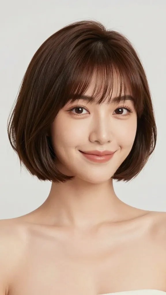 A high-resolution, natural-looking portrait of a stylish woman with a soft rounded bob hairstyle featuring a subtle undercurl at the ends. The hair should have gentle volume underneath along the crown to create lift without adding width, with the ends rounded and slightly curved inward for a friendly, approachable look. The subject has a warm, confident expression, soft makeup, and clear skin. Lighting is bright and flattering, highlighting the bob&rsquo;s shape and the undercurl's texture. The background is clean and neutral to ensure the hairstyle stands out, with the subject centered in a mid-length pose from about the shoulders up. Realistic texture: smooth, glossy hair with natural highlights and a touch of movement as if a light breeze. No text or logos on the image.