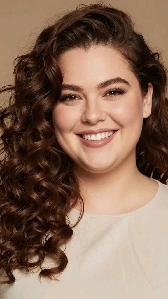 Create a high-resolution, realistic portrait of a smiling woman with a chubby/round face featured in a fashion magazine style. She has side-swept curls cascading to one side with noticeable volume at the crown, creating elongation of the face. The heavier side is pinned loosely for a Casual, modern vibe, but still natural and effortless. lighting is soft and flattering, warm tones, shallow depth of field to blur the background. She is wearing a simple, chic top with subtle accessories, and the overall composition emphasizes asymmetry and height to visually elongate the face. No text on the image.