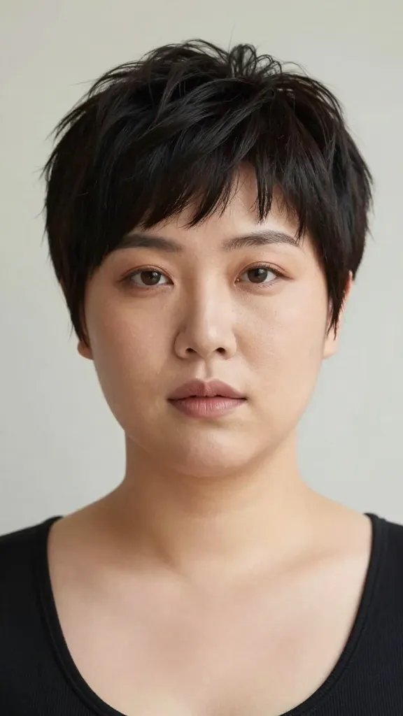 A high-resolution, photo-realistic portrait of a confident woman with a chubby face styled in a sharp pixie haircut that emphasizes cheekbones and jawline. The hair is short on the sides with textured, layered top lengths to create definition, and the overall look has a matte finish to prevent heaviness. The subject&rsquo;s facial features are soft yet sculpted, with subtle makeup that enhances the cheekbones and jawline without overpowering the style. She stands in a natural, softly lit studio setting with a neutral backdrop, wearing a simple, modern top that complements the hair. The lighting highlights the texture and framing edges of the pixie, capturing a bold, chic, and flattering appearance.