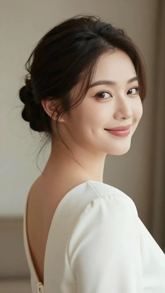 A realistic, high-quality portrait of a stylish woman with a chubby face wearing a chic, tucked-away necklines back with a loose updo. The updo is relaxed and slightly tousled, with the hair swept up and secured at the back, revealing the neckline while leaving a few face-framing strands softly framing her cheeks and temples. The subject has a warm, engaging smile and bright eyes that draw attention to them. Soft, natural lighting highlights the contours of her face, creating a subtle slimming silhouette. She wears an elegant, understated outfit with clean lines that complements the updo, set against a neutral, softly blurred background to keep the focus on her face and hairstyle. No text on the image.