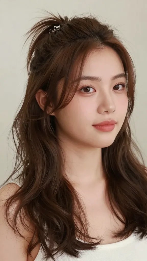 A realistic, high-quality portrait of a stylish woman with a chubby face in a soft, natural setting, showcasing a half-up, half-down hairstyle with a gentle lift at the crown. The top portion is pulled back and secured with a chic, small clip, adding subtle elevation to create flattering face proportions, while the remaining hair falls in effortless, loose waves around the shoulders. The subject has warm, natural makeup with a soft pink lip, almond-shaped eyes, and a calm, confident expression. The lighting is soft and flattering, highlighting the crown lift and the face-framing layers. The background is airy and unobtrusive, with neutral tones that keep the focus on the hairstyle and the subject. No text on the image.