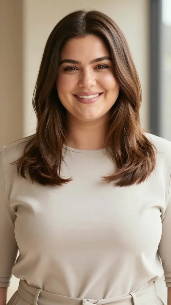A high-resolution, candid-style portrait of a smiling woman with a chubby face, wearing a chic, modern outfit in neutral tones. She stands against a softly blurred, sunlit indoor setting with warm, natural lighting. Her hair features a clean center part with subtle volume at the roots and a gentle flip at the ends, creating an elongated, balanced silhouette. The crown has a light, natural lift using a round brush and minimal product, avoiding flat roots. The overall look is polished yet approachable, with soft makeup that enhances her features without overpowering them. The image should emphasize texture and shine in the hair, a relaxed but confident expression, and a flattering, realistic depiction suitable for a fashion/editorial context. No text visible in the scene.