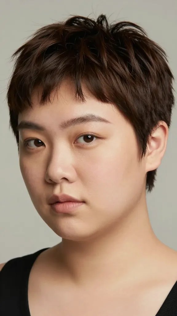 A high-resolution, naturalistic portrait of a stylish person with a chubby face, sporting a layered buzz cut with texture. The hair is short on the ears and back, slightly longer on top with deliberate texturizing to create movement and avoid a boxy silhouette, showcasing a bed-head yet polished look. The subject has clear, radiant skin, soft makeup enhancing the cheeks, and a confident, relaxed expression. Lighting is soft and even, highlighting the texture and layers of the hair. The background is neutral and unobtrusive to keep the focus on the hairstyle, with subtle shadows adding depth. The overall image should evoke a modern, low-maintenance, powerful aesthetic suitable for a fashion/trend feature.