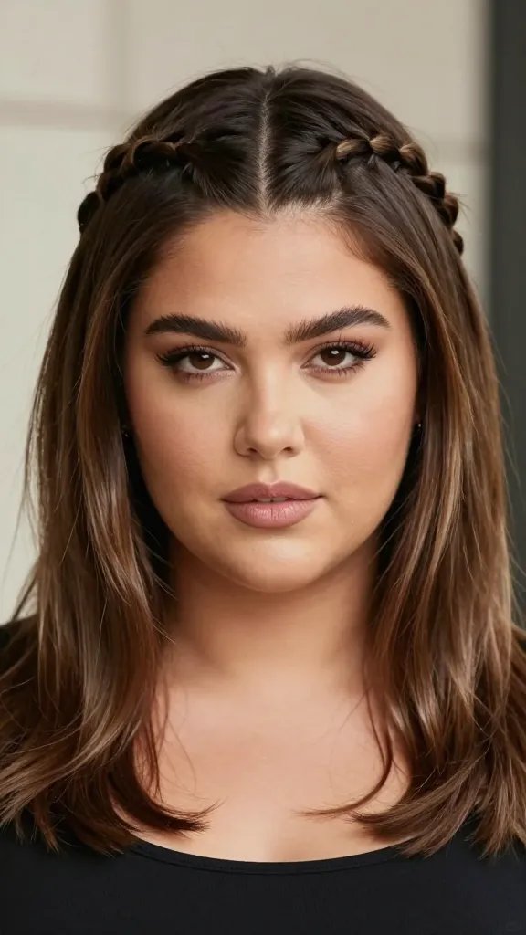A realistic high-resolution portrait of a confident woman with a chubby face, styled for a chic, upscale look. She has a medium-length to long hairstyle featuring a delicate braided accent starting near the temple and guiding a slim, vertical line up toward the crown, creating visible vertical length and an upward pull. The braid should be subtle and integrated into the hair with a polished finish, while the rest of the hair flows softly around the face to enhance structure. The lighting is natural and flattering, highlighting the face shape and the braid without harsh shadows. The background is neutral and softly blurred to emphasize the subject, with the overall mood elegant, modern, and approachable. No text in the image.