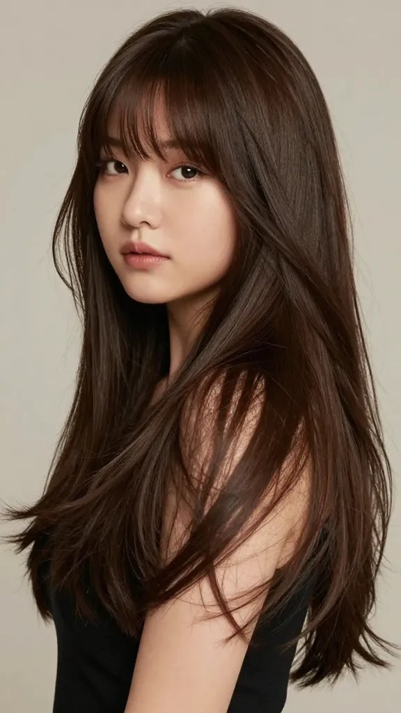 A high-resolution, realistic portrait of a stylish woman with a soft, elongated silhouette to flatter a chubby face, captured in natural studio lighting. The subject has curtain bangs that frame her face gently, with a long, flowing back section of hair that drapes softly past her shoulders. Her middle part creates front pieces that drape to either side, delivering a relaxed, effortless vibe. The hair should appear voluminous yet smooth, with subtle shine and natural movement. The background is neutral and unobtrusive to keep the focus on her face and hairstyle. The overall mood is confident, approachable, and chic, suitable for a fashion-forward, everyday aesthetic. No text on the image.