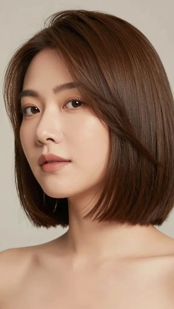 Create a single high-resolution, photorealistic portrait of a stylish woman with a soft A-line bob (lob) that tilts away from the face, creating a flattering diagonal line. The hairstyle should have a gentle, natural shine as if illuminated by soft, diffused studio lighting, emphasizing the diagonal tilt that visually reduces width and lengthens the neck. The hair should be smooth, healthy-looking with a light gloss product giving a subtle, almost glassy sheen. The subject should have a calm, confident expression, minimal makeup, and a flattering soft-focus background that complements the hair without distraction. Ensure the subject is the main focus, with the lighting highlighting the shine and the A-line shape from a slight side angle, capturing realistic textures, reflections, and depth. No text or logos in the image. The overall mood is polished, approachable, and flattering for a chubby face.