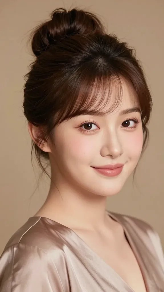A high-resolution, realistic portrait of a stylish, confident woman with a chubby/soft, balanced face, showcasing a classic updo with gentle face-framing pieces. The hairstyle should feature an elegant, polished updo (bun or chignon) with soft tendrils or face-framing strands around the temples and cheeks, creating a friendly, approachable vibe. The setting is a chic, softly lit photo studio with warm tones; background is blurred to emphasize the subject. The subject wears tasteful, sophisticated attire (e.g., a silky blouse or dress) in complementary colors. Subtle makeup enhances natural features with rosy cheeks and a soft lip. The lighting highlights the texture and subtle volume of the hair, showing delicate texture, shine, and smoothness. The overall mood is polished, flattering, and suitable for photos, parties, or a dinner out. No text content in the image.