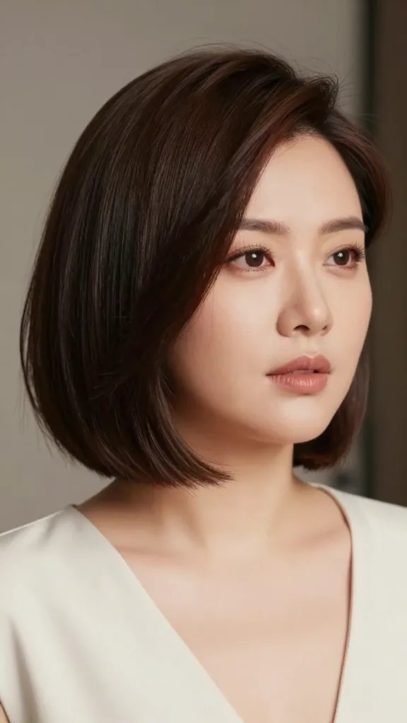 Create a hyper-realistic, high-quality photographic portrait of a stylish woman with a chubby face, showcasing an angled bob with a subtle side sweep. The haircut features a cheekbone-boosting angle that visually slims the lower face, with a soft side part forming a gentle diagonal line that flatters a rounder face. The hair should be smooth, glossy, and precisely angled at the jawline, with the length just grazing the shoulders. The lighting should be soft yet directional to enhance cheekbones and create depth, and the background should be neutral and slightly blurred to keep full focus on the hairstyle. The model should exude confidence and a polished look, wearing chic, minimal makeup and a simple, elegant outfit. No text anywhere in the image.