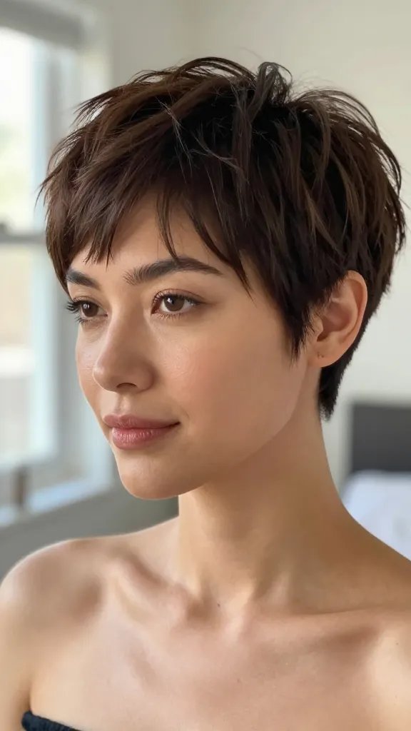 A photorealistic, high-resolution portrait of a stylish woman with a textured pixie cut featuring a pronounced nape undercut. The top of her hair should have defined, choppy layers for volume, with a slightly longer crown and a subtle, uneven fringe to create lift. The nape undercut must be clean and visible, contrasting with the voluminous crown to elongate the face. The subject is styled in a modern, effortlessly chic way, with soft, natural makeup that enhances features without overshadowing the hair. Lighting is bright and natural, simulating a candid morning routine in a softly lit bathroom or bedroom window setting. The background is neutral and uncluttered to keep focus on the hairstyle, and the overall mood is confident and polished, conveying how easily the look can be achieved in under five minutes. The subject should be the main focus, positioned slightly off-center with a calm, composed expression.