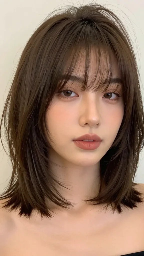A realistic high-resolution portrait of a stylish woman with a short lob haircut featuring soft, curtain bangs that frame the face and create a long vertical line for a slimming effect. The hair should be smooth and airy with subtle texture, slightly tousled at the ends to avoid heaviness, and styled to fall just above the shoulders with gentle, face-framing layers. She has a soft, natural makeup look with light contour to enhance cheekbones, neutral-toned eyeshadow, and a nude-pink lip. The lighting is bright and natural, suggesting daytime, with a clean, neutral background and a slight breeze to give movement to the hair. The overall vibe is modern, versatile (day-to-night), and flattering for a chubby face, emphasizing a chic, wearable curtain bangs over a short lob. No text on the image.