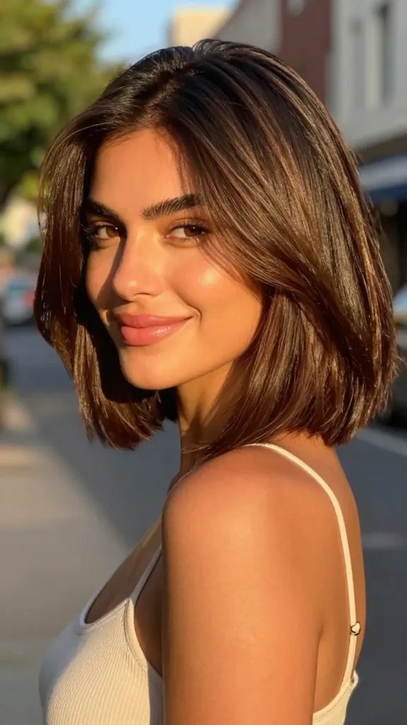 A high-resolution, realistic portrait of a stylish woman with a warm, sun-kissed complexion and a confident smile, showcasing an A-line bob with face-framing layers. The haircut features a distinct shorter length near the ears and stacked longer layers that gradually lengthen toward the back, creating a flattering A-line silhouette that adds neck length and frame the cheeks without concealing natural shine. Soft, face-framing layers begin at cheekbone level, blending seamlessly into the rest of the hair to accentuate cheekbones while maintaining a polished shine. The scene is set in warm-weather conditions outdoors with golden-hour lighting to enhance skin warmth and hair gloss. The subject appears relaxed and stylish, wearing a lightweight, breathable top suitable for warm days. The background is softly blurred (bokeh) to keep full focus on the hair and face, with natural elements like greenery or a sunlit city street suggesting a summery vibe. The overall image should be crisp, with accurate color rendering of hair tones (rich brunette or warm caramel highlights depending on the model in the article), subtle shine, and realistic texture that conveys a freshly-trimmed, well-maintained style. No text or logos in the image.
