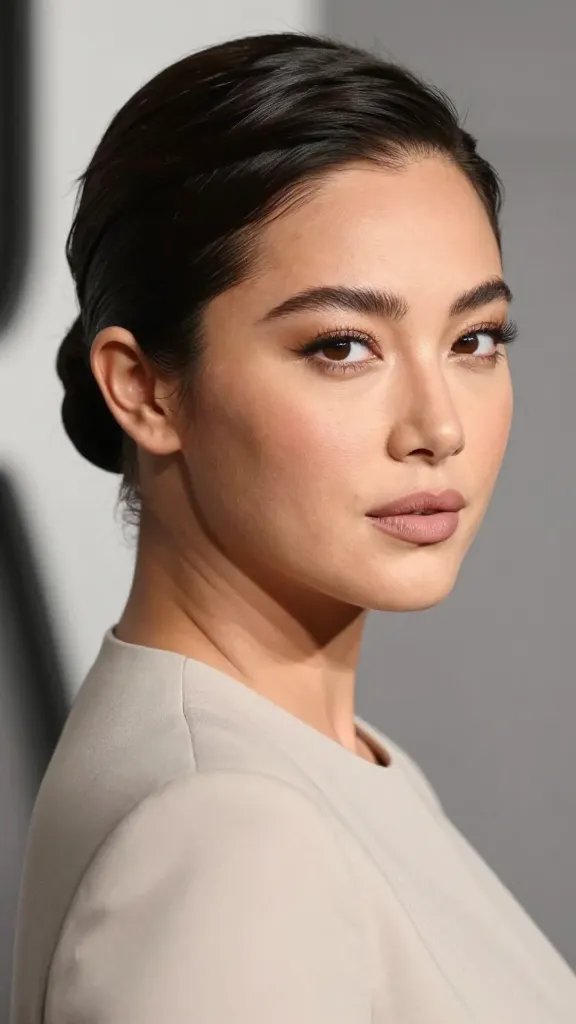 A high-resolution, hyper-realistic portrait of a stylish woman with a chubby face wearing a chic, sleek hairstyle achieved by a deep side part. The hair should be smooth, glossy, and neatly tucked behind one eye to showcase the cheekbones and eye area, with a subtle, sophisticated shine that reflects light without looking greasy. The lighting is soft yet directional, creating gentle shadows that slim the facial features while highlighting the cheekbones and jawline. She is dressed in an elegant, minimalist outfit in neutral tones, suitable for a big event or a confident daytime look. The background is clean and unobtrusive, such as a softly blurred studio backdrop in a muted color, ensuring the subject remains the focal point. The overall mood is polished and glamorous, with a sense of effortless sophistication. No text or logos on the image.