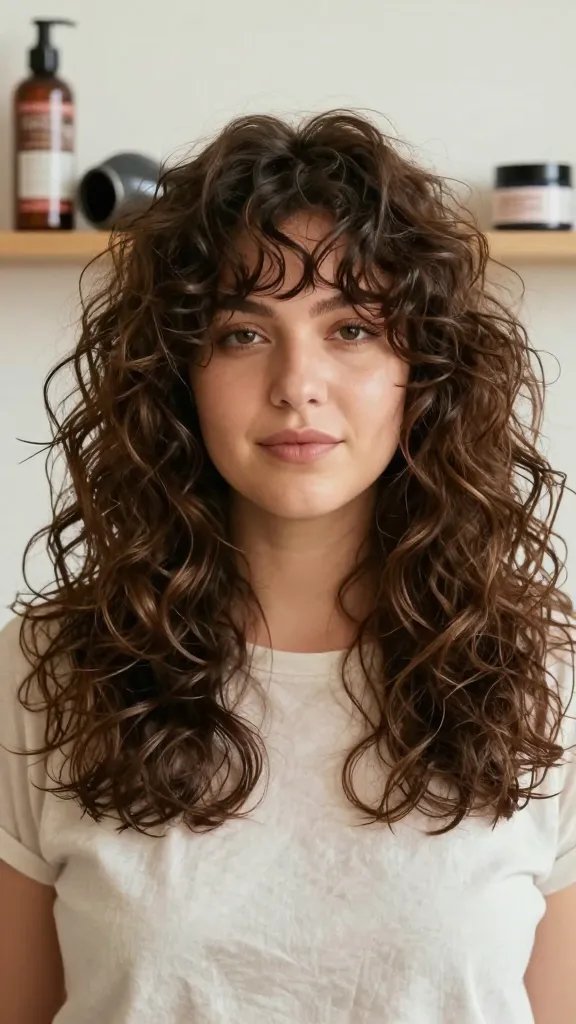 A high-resolution, photorealistic portrait of a confident woman with a chubby face styled in soft layered shag for a curly/wavy texture. She has natural, bouncy curls with layered lengths that frame the jawline, creating elevation and volume on top. The lighting is soft and flattering, highlighting the texture and movement of the hair while subtly slimming the face. She wears a light, casual top and minimal makeup to emphasize natural beauty. Hair care products and tools subtly visible in the background: a leave-in conditioner bottle, a diffuser attachment on a hair dryer, and a small texture cream jar placed on a clean surface, suggesting the styling process. The overall mood is upbeat and editorial, with a natural setting (indoor studio or softly lit living room) and a shallow depth of field to keep the focus on the subject&rsquo;s hair texture, movement, and face shape. No text on the image.