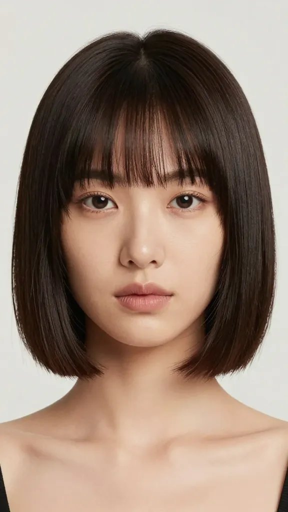 Create a high-resolution, hyper-realistic portrait photo of a stylish woman with a long bob hairstyle that reaches just below the chin, featuring tucked front layers that are subtly tucked behind the ears to create a sleek reveal. The subject should have a balanced, slightly rounded face with soft cheek contouring to convey a slimming effect, exuding chic sophistication. Lighting is soft and flattering, with a neutral background that emphasizes the haircut. The overall image should convey a polished, fashionable look suitable for a modern hair-styling editorial, with natural skin tones, clear eyes, and minimal makeup to keep the focus on the haircut. No text or logos anywhere in the frame.