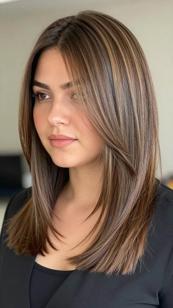 A high-resolution, realistic portrait of a stylish woman with a chubby face wearing an asymmetrical shoulder-length cut that creates a vertical line to visually slim the face. The hair features a subtle balayage with low-contrast tones that add depth and guide the eye along the length of the hair, from the higher side near the crown down to the longer, tapered opposite side. The lighting is soft and natural, highlighting the smooth gradient of color and the sleek, modern edge of the cut. The subject is dressed for a social event or a date, with a chic, understated outfit and minimal, natural makeup to keep the focus on the hairstyle. The background is blurred (bokeh) to ensure the subject and hair are the main focal points, and there should be no text or logos in the image.