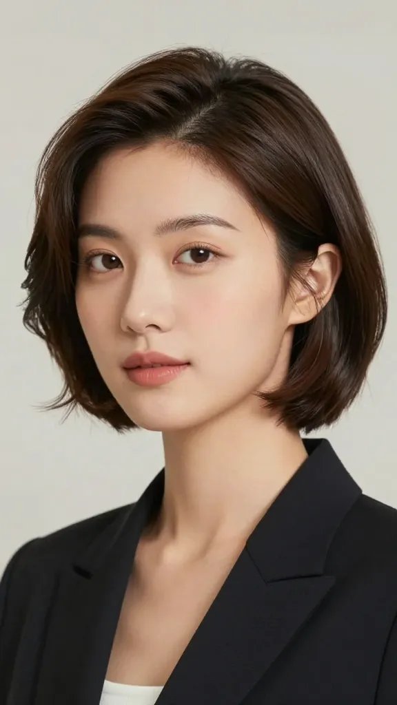 A high-resolution, realistic portrait of a stylish woman with a classic short bob featuring a gentle inward curl at the ends. The hair should softly curve inward just below the ears, creating a subtle jawline-slimming effect while maintaining a compact, polished silhouette. The subject has a balanced, oval face with soft makeup&mdash;natural tones, light pink lips, and gentle blush&mdash;conveying an approachable, office-friendly look. Lighting is bright and flattering, resembling a well-lit office or studio with soft, diffuse light that adds a healthy glow and shine to the hair without visible stiffness. The hair should appear smooth, glossy, and controlled, with the smoothing cream giving a polished finish. The background is neutral and unobtrusive, emphasizing the subject and hairstyle. The overall vibe is timeless, professional, and suitable for everyday wear, capturing a timeless short bob that slimlines the face without looking severe. no text on image.