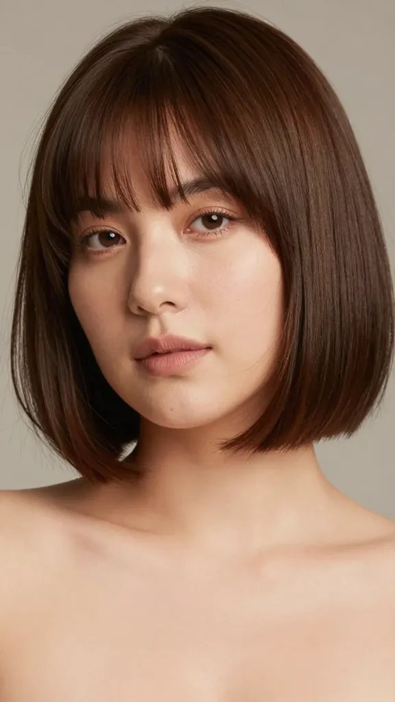 Create a high-resolution, realistic portrait of a confident woman with a chubby face wearing a blunt cut hairstyle with soft, face-framing strands. The hair should be a clean, blunt one-length lob that rests just at the shoulders, with light, airy face-framing pieces that softly contour the cheeks and jawline. Avoid heavy bangs; ensure the framing pieces are delicate and subtle, giving a flattering yet bold appearance. The overall look should be polished but approachable, with natural makeup that enhances facial features without overpowering them. Pose is natural and relaxed, perhaps a slight three-quarter turn to showcase the face-framing strands, with a soft, neutral background to keep the focus on the hairstyle. The image should read as a high-quality, realistic photo suitable for a beauty editorial. No text on the image.