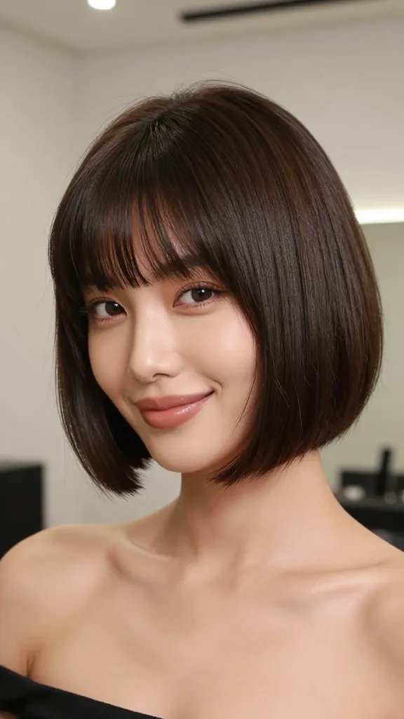 A high-resolution, realistic photograph of a chic woman with a wedge bob hairstyle and a side-swept fringe, standing confidently in a well-lit, modern studio. The wedge bob has a precise, tapered silhouette that elongates the neck, with a natural, voluminous crown achieved by a subtle lift at the roots. The side-swept fringe gently grazes the cheekbone, drawing attention away from the widest parts of the cheeks. The hair texture is smooth with a healthy shine, featuring soft layers that enhance the vertical line. The model has a warm, friendly expression, sporting light makeup that emphasizes a fresh, photo-ready look. The styling tools be subtly implied through the flawless finish, capturing a bold, instant glam moment suitable for a beauty editorial. The background is neutral and unobtrusive, ensuring the hairstyle remains the focal point. No text on the image.