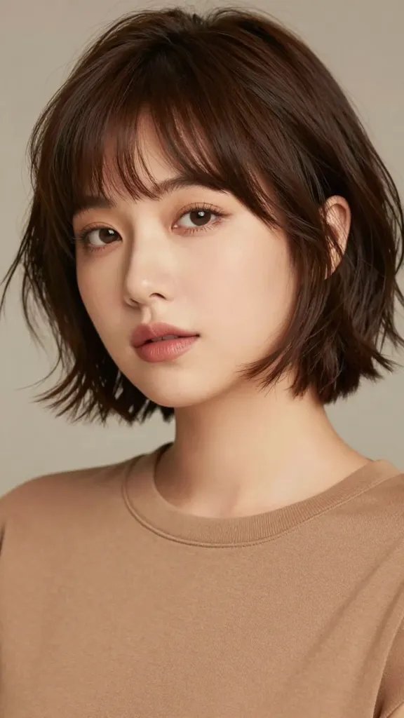 A high-resolution, hyper-realistic portrait of a stylish woman with a chubby face sporting a short shag haircut with micro bangs. The micro bangs are neatly trimmed, slightly wispy, and sit just above the eyebrows, drawing attention to bright, expressive eyes and sculpted cheekbones. The short shag has layered, textured ends that frame the jawline and add definition, with natural movement and a soft, lived-in shine. She wears a casual chic outfit&mdash;think a simple, solid-color top or sweater in a warm, flattering tone&mdash;that complements the hair and keeps the focus on her face. The lighting is soft and flattering, with a gentle key light that highlights the eyes and cheekbones and a subtle fill to minimize harsh shadows. The background is neutral and slightly blurred to emphasize the subject, giving a fresh, youthful vibe. The overall mood is confident, approachable, and trendy, suitable for a beauty or fashion editorial. No text on the image.