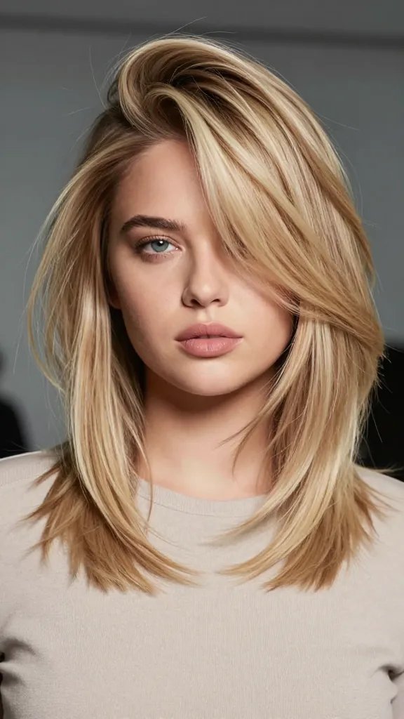 A high-resolution, hyper-realistic portrait of a fashionable woman with a chubby face and a confident, poised expression, showcasing a layered haircut with pronounced crown volume. The hair above the crown is lifted for lift and height, with soft, face-framing layers around the jaw to elongate the face. The style uses a natural, creamy blonde balayage with subtle dimensional tones and a healthy shine. Light is soft and flattering, coming from slightly above and in front to create gentle shadows that accentuate the crown lift and jaw-layering, while a cool, low-light ambiance in the background keeps the subject as the focal point. The subject is styled in a chic, modern outfit (neutral-toned blouse or sweater) with clean, minimal accessories, and a slight tilt of the head to emphasize the layered silhouette. The overall mood is polished, contemporary, and runway-inspired, capturing a realistic, editorial-quality hair close-up suitable for a hair magazine feature. No text on the image.