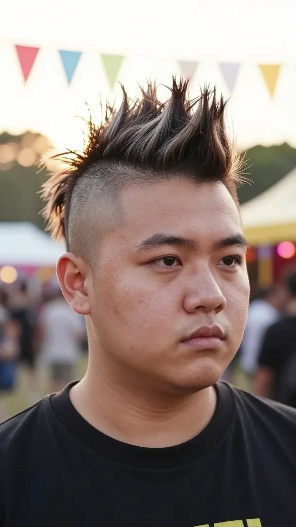 A high-resolution, photorealistic portrait of a stylish person with a faux Mohawk featuring subtle tades, standing in a festival-like outdoor setting during golden hour. The subject has a chubby face with soft, flattering contours and clear, confident expression. The Mohawk is tall and structured with powdery-tinted tips, while the sides are neatly tamed with a light, natural-looking gel to keep the height intentional yet understated. The lighting highlights the texture and shine of the hair, with warm sun flares in the background, colorful festival banners in soft focus, and a modern, bold wardrobe that complements the edgy hairstyle. No text on the image.