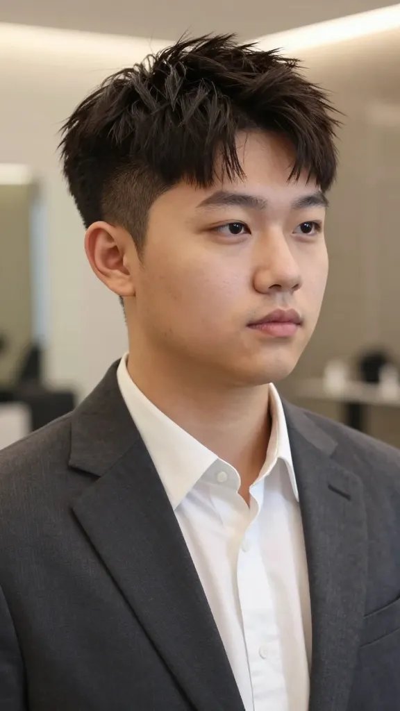 A high-resolution, photorealistic portrait of a stylish young adult with a chubby face, posing in a softly lit, modern indoor setting. The hairstyle is a soft tapered cut with a side part: short, seamless taper on the sides and back that gradually blends into longer top hair, with a defined deep side part that creates subtle asymmetry. The top hair is medium length, gently textured and brushed to one side for a natural, professional yet contemporary look. The subject has clear skin, natural makeup or none, and a confident, approachable expression. Wardrobe is a sleek, tailored blazer over a crisp shirt in neutral tones to convey a professional vibe with modern flair. The background is softly blurred to keep focus on the haircut, with warm, flattering lighting that highlights the taper&rsquo;s clean lines and the side-part definition. No text in the image.