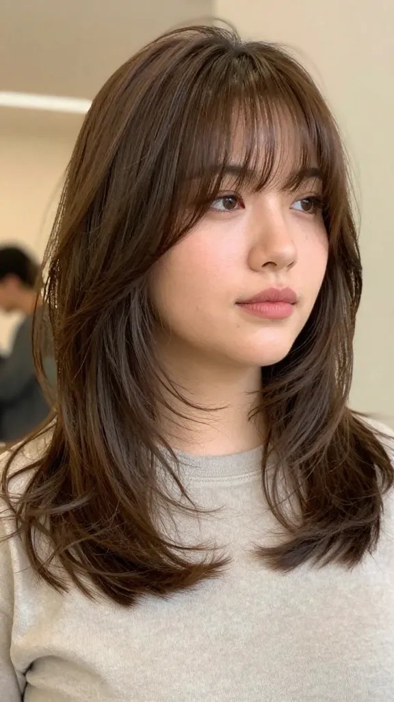 A high-resolution, realistic portrait of a stylish woman with a chubby face showcasing chin-length layered hair that skim under the jaw to soften the jawline, paired with soft, curtain bangs that draw attention upward and away from the chin. The hair should have natural texture with gentle waves and a light, effortless finish, as if achieved with a texturizing spray. She is styled for a casual, chic weekend brunch or a relaxed workday look, wearing a soft, neutral-toned top and minimal, natural makeup to enhance features without overpowering the hair. The background is softly blurred to keep the focus on her hair and face, with warm, flattering lighting that highlights the shine and movement of the chin-length layers and curtain bangs. The overall mood is effortless, confident, and approachable, suitable for a fashion-forward profile photo. No text present in the image.