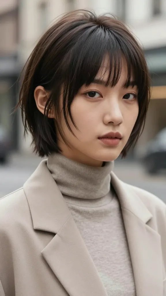 A close-up, high-resolution portrait of a stylish young woman with a modern boyish crop hairstyle: short sides and back with longer front pieces swept to the side for a playful, swinging fringe. She has a confident, approachable expression with subtle, natural makeup that enhances her features without overpowering them. The lighting is soft and flattering, casting gentle shadows to emphasize the face shape and the length of the front pieces. She wears a chic, minimalist outfit in neutral tones (e.g., a tailored blazer or sleek turtleneck) to balance edge with femininity. The background is an urban, softly blurred setting (like a stylish city street or studio backdrop) to keep the focus on her haircut and face. The overall aesthetic is contemporary, polished, and realistic, suitable for a fashion-forward beauty/editorial photograph. No text included in the image.