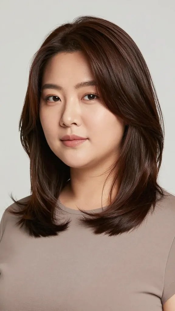 Create a high-resolution, realistic portrait of a woman with a chubby face styled in a mid-length layered cut with subtle shine. The hair should be shoulder-length with soft, face-framing layers that add movement and visually slim the cheeks, with a natural, healthy shine that reflects light away from the jawline. The lighting is soft and flattering, emphasizing smooth skin, gentle contours, and the glossy, multi-dimensional hair. The subject stands in a clean, neutral studio backdrop, wearing a simple, elegant top in a solid, muted color to keep focus on the hair. No text or branding in the image. The overall mood is confident and approachable, highlighting the slimming effect of the mid-length layered style with subtle shine.