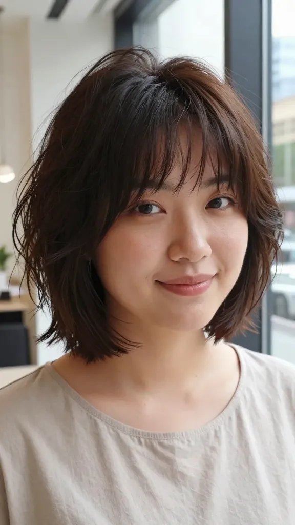 A high-resolution, candid-style portrait of a fashionable woman with a chubby face wearing a short shag haircut with micro texture. The hairstyle has layers with micro-textured ends, subtle tousled waves, and light movement that creates bounce around the jawline, photographed in natural daylight indoors near a large window. The subject should have a relaxed, confident expression, slight smile, and direct gaze at the camera. Soft, unobtrusive makeup to enhance features and a natural skin tone. The lighting is bright but gentle, casting minimal shadows to emphasize the texture and shine of the hair. The outfit is chic and minimal to keep focus on the hair, with a neutral-toned top. The background is a softly blurred, modern interior that suggests an urban, everyday setting. The overall mood conveys carefree yet artful styling, showcasing how micro texture reduces heaviness around the jaw and photographs well in natural light. No text or logos on the image.