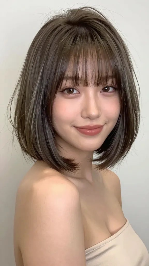 Create a high-resolution, photorealistic portrait of a chic young woman with a chubby face styled in a layered bob haircut featuring highlighted strands. The bob should have soft, face-framing layers with cool-toned highlights that subtly blend into a cool ash brown base, creating dimension and reducing warm undertones for a slimming effect. The hair should have natural movement and shine, with slight layering around the jawline to accentuate facial structure. The subject should have clear, glowing skin with neutral makeup, soft contouring to subtly slim the cheeks, and a gentle, confident smile. Set the scene in a bright, modern photo studio with soft, diffused lighting that highlights the cool highlights and hair texture. The background should be clean and unobtrusive, focusing attention on the hairstyle and the subject. The overall mood is polished, aspirational, and suitable for a fashion magazine feature, with the subject standing slightly angled to the camera to emphasize the layered bob&rsquo;s dimensional look. No text on the image.