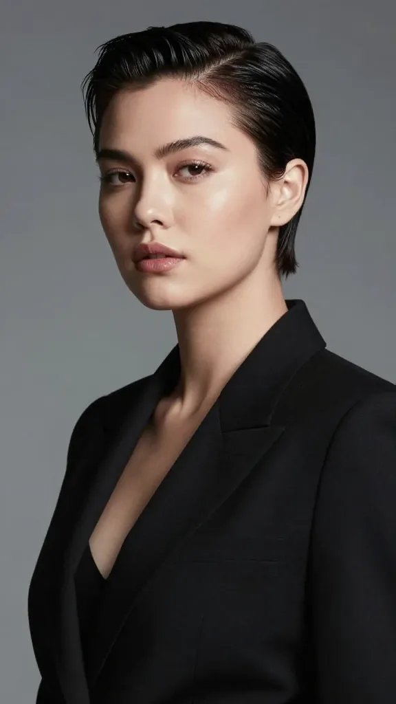 Generate a hyper-realistic, high-fashion portrait of a stylish woman with a chubby face wearing a sleek, modern pixie cut slicked back with a light shine product. The hair should be sharply defined at the roots, smooth along the sides, and brushed back to reveal strong facial angles and prominent bone structure, giving a high-fashion, minimal-effort vibe. The lighting is dramatic yet flattering, with soft key light from the front-left and subtle rim light to contour the jawline, creating a luminous skin texture and natural glow. She should have confident, unapologetic expression&mdash;slightly parted lips, direct gaze, and a poised posture. Outfit should be chic and understated (e.g., a tailored black blazer or monochrome sleek top) to keep the focus on the hairstyle and face shape. Background: a clean, muted studio backdrop (cool gray or charcoal) with gentle gradient to keep the subject pop. No text or logos, image resolution suitable for print and digital use.