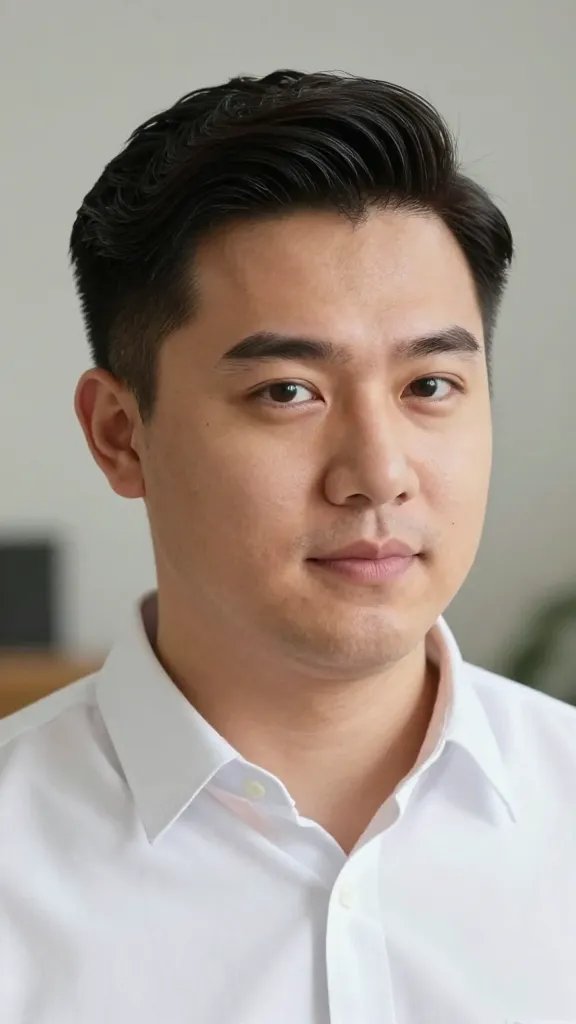 A high-resolution, realistic portrait photo of a stylish man with a chubby/soft round face, wearing a classic side-part hairstyle with gentle volume. The hair is parted deeply on one side, with a clean, defined vertical line and subtle volume at the crown, giving the face an elongated appearance. Style uses lightweight pomade for a sleek, smooth finish and a slightly matte sheen to avoid shine. The subject is dressed in smart-casual attire (e.g., a crisp button-down shirt or light sweater) and is posed in a well-lit, neutral studio setting with a softly blurred background. The expression is confident and approachable, with natural makeup-free skin tone, no visible text, and no logos. The image should convey a timeless, versatile look suitable for work or weekends, emphasizing the side-part silhouette and manageable maintenance.