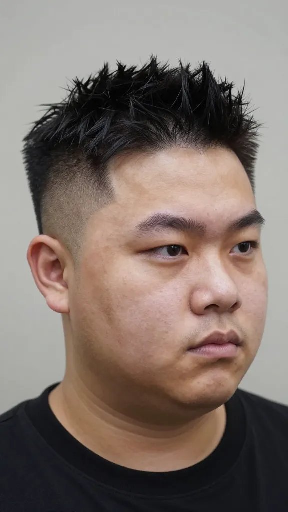 Create a high-resolution, hyper-realistic photo of a stylish man with a chubby face sporting a faux hawk with soft edges. The hairstyle should have a tapered fade on the sides and back, with the top kept at a medium length to create lift without looking exaggerated. The top should be styled into a subtle, controlled faux hawk with softened edges for balance. The overall look should be polished yet slightly rebellious, with a natural, flexible hold appearance (no stiffness) and a light, natural spray finish that preserves movement. The subject should be centered, facing slightly to the side, with soft, flattering lighting that highlights the contours of the face. The background should be neutral and unobtrusive, emphasizing the hair and clean styling. Ensure there is no text or logos on the image.