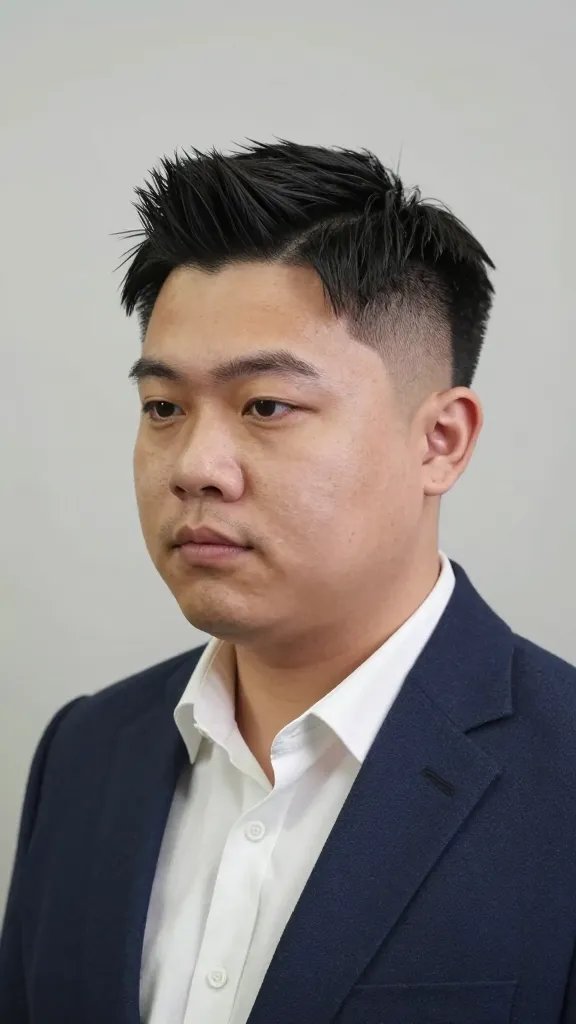 Create a realistic, high-quality portrait photo of a stylish man with a chubby face showcasing a "Classic Taper With Quiff Lift" hairstyle. The subject stands confidently in a clean, well-lit studio setting with a neutral backdrop. He has a medium fade on the sides, leaving about 2 to 3 inches of length on top for the quiff. The hair on top is lifted with subtle backcombing for added volume, then smoothly brushed from above to create a sleek, lifted quiff without bulk. The sides are neat and tapered, framing the face to give a slimming effect. The man wears a smart-c casual outfit (such as a well-fitted blazer over a crisp shirt) to emphasize a classy, confident look. Use natural skin tones, realistic lighting with soft shadows, and a shallow depth of field to keep the focus on the hairstyle. No text or logos in the image.