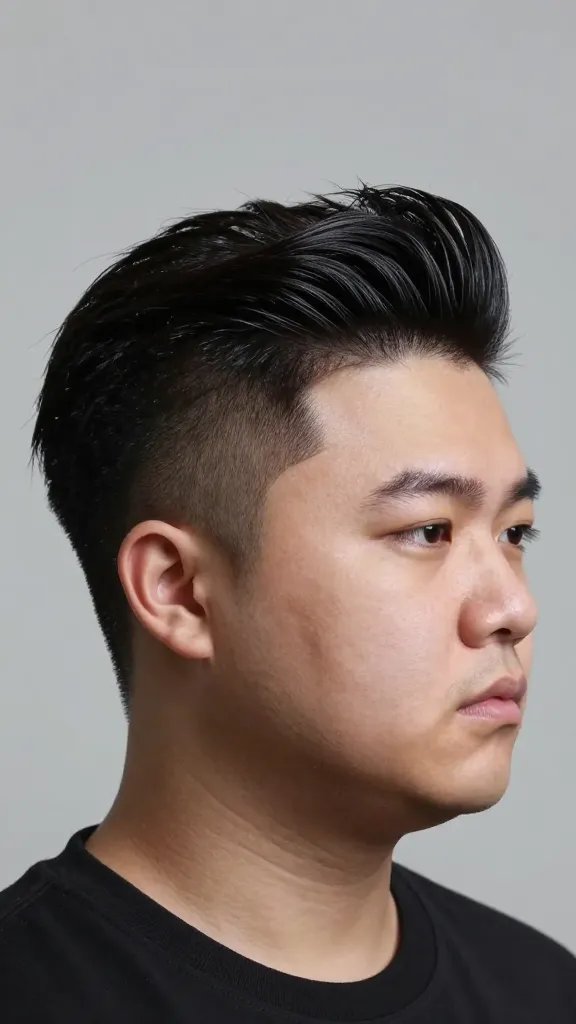Create a hyper-realistic, high-quality portrait of a fashionable man with a chubby face styled in a brushed-back undercut. The hair on top is long (approximately 4 to 6 inches) and brushed back with a strong, deliberate back-brush to create a sleek, elongated silhouette. The undercut is high-contrast with very short sides to emphasize verticality. The overall finish is matte to avoid a shiny crown. The subject should be styled in slow, controlled strokes from the roots back to enhance a clean, elongated profile. Lighting is soft yet directional to highlight the sharp contrast and the texture of the matte finish, with a neutral studio background to keep the focus on the hairstyle. The main subject should resemble the article&rsquo;s title subject in appearance, posed confidently with a composed, modern aesthetic. No text on the image.