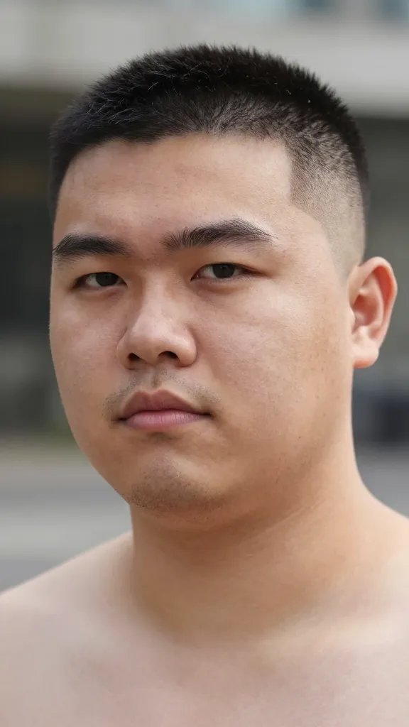 Generate a hyper-realistic, high-resolution portrait photo of a stylish man with a chubby face sporting a short buzz cut with a subtle fade. The hairstyle should have a slightly longer top kept a touch longer for a hint of shape, while the sides fade smoothly into the skin for a modern edge, cleanly outlining the jawline. The man should have a confident, relaxed expression, a well-defined jawline, and a clean-shaven or closely trimmed neckline to emphasize sharpness. Lighting should be natural and bright, as if taken outdoors on a hot day, with soft shadows to enhance facial structure. The background should be a neutral outdoor setting with shallow depth of field to keep the focus on the subject, no text anywhere in the image.