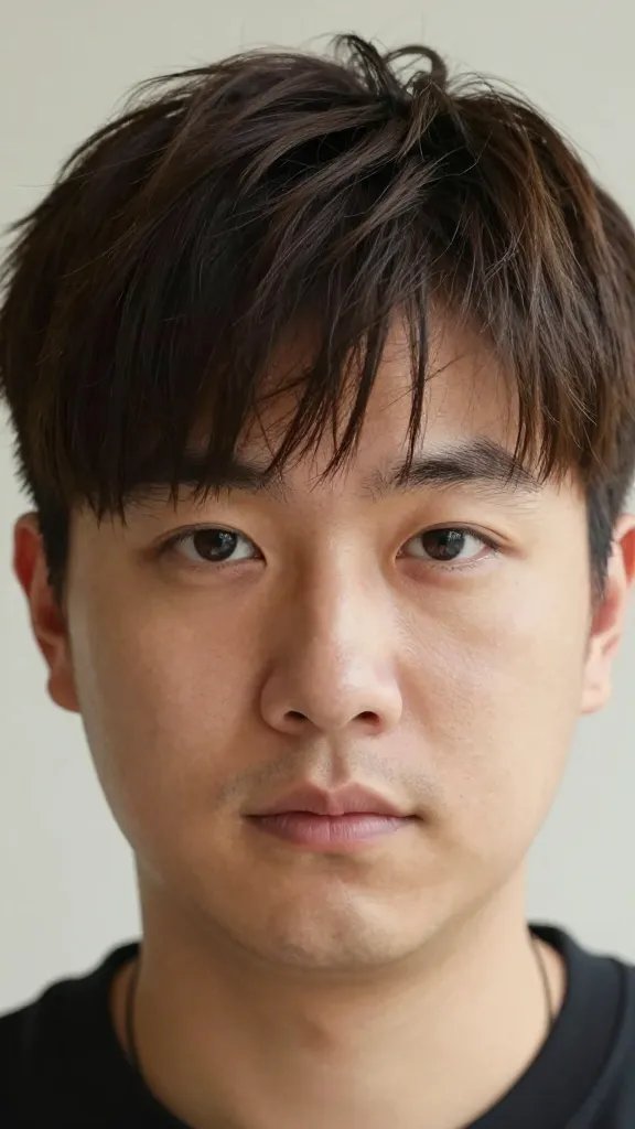 A high-resolution, realistic portrait of a stylish man with a chubby face featuring a side-swept fringe that gently slim the forehead and cheeks. The fringe should reach about the eyebrows or slightly longer, styled with a light-hold product to maintain a soft, natural look, and seamlessly blended into the sides for a cohesive, casual-yet-intentional appearance. Lighting is natural and flattering, with a neutral background that keeps the focus on the subject&rsquo;s face. The subject is well-groomed, mid-length hair with the fringe neatly brushed to the side, conveying everyday sophistication without heaviness. No text on the image.