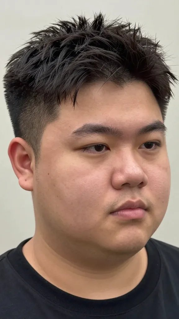 A realistic high-resolution portrait of a man with a chubby face showcasing a textured quiff with short sides. The top has purposeful, tousled texture with moderate volume, while the sides are tight and crisp to frame the face. The styling emphasizes a natural, lived-in texture with a light, brush-through finish from minimal product to avoid weighing hair down. The subject should be styled in a contemporary, fashionable look, with a bit of drama but practical and wearable. Lighting is soft and flattering, highlighting the texture and fullness of the hair without harsh shadows. The background is neutral and unobtrusive to keep the focus on the hairstyle and face shape. The subject should appear confident and relaxed, looking slightly off-camera. No text or logos on the image.